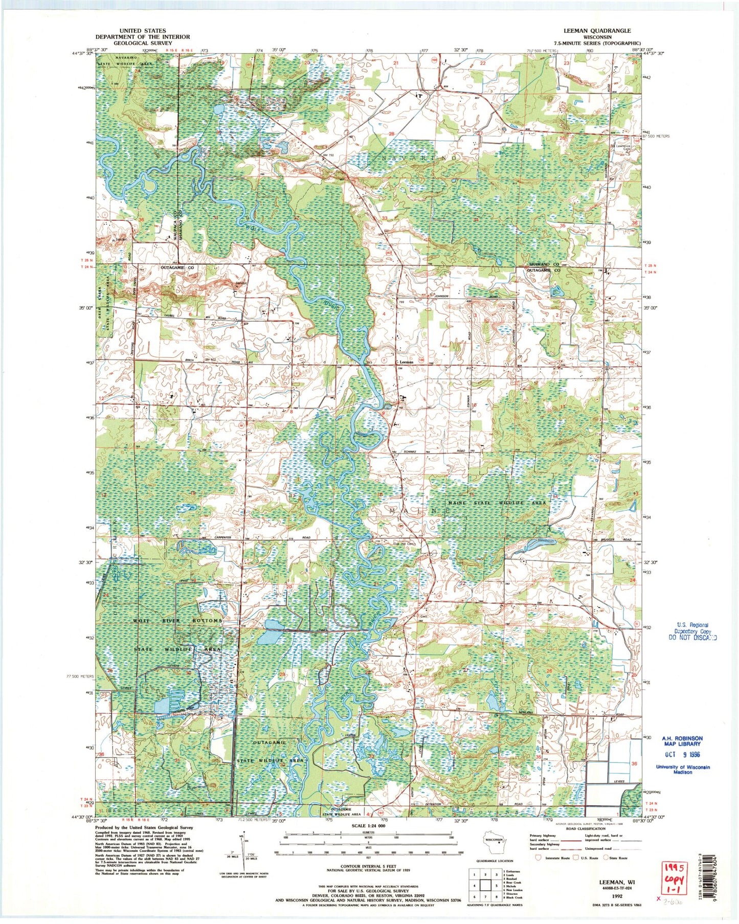 Classic USGS Leeman Wisconsin 7.5'x7.5' Topo Map Image