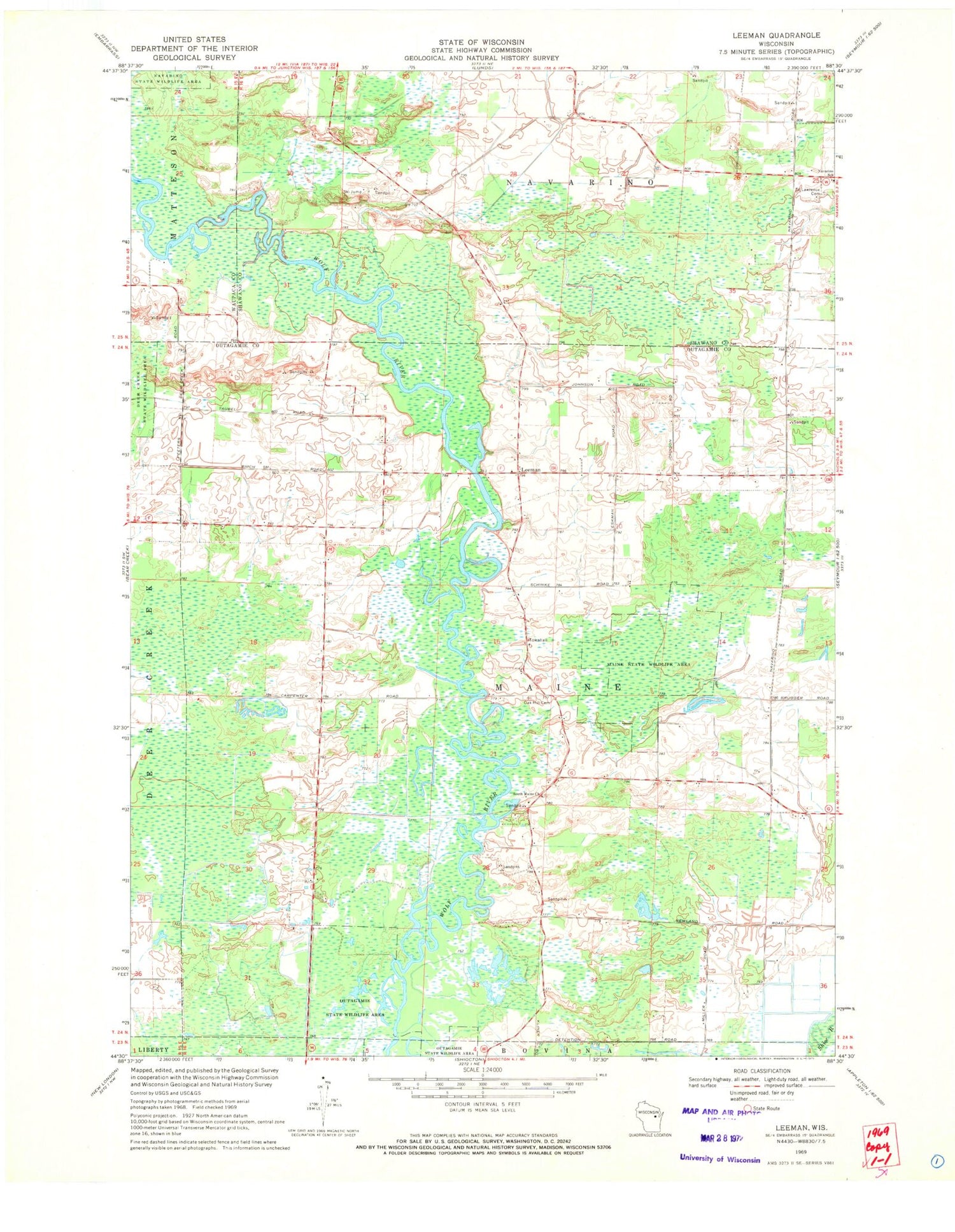 Classic USGS Leeman Wisconsin 7.5'x7.5' Topo Map Image