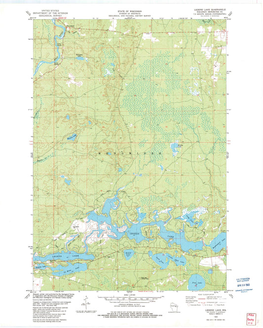 Classic USGS Legend Lake Wisconsin 7.5'x7.5' Topo Map Image