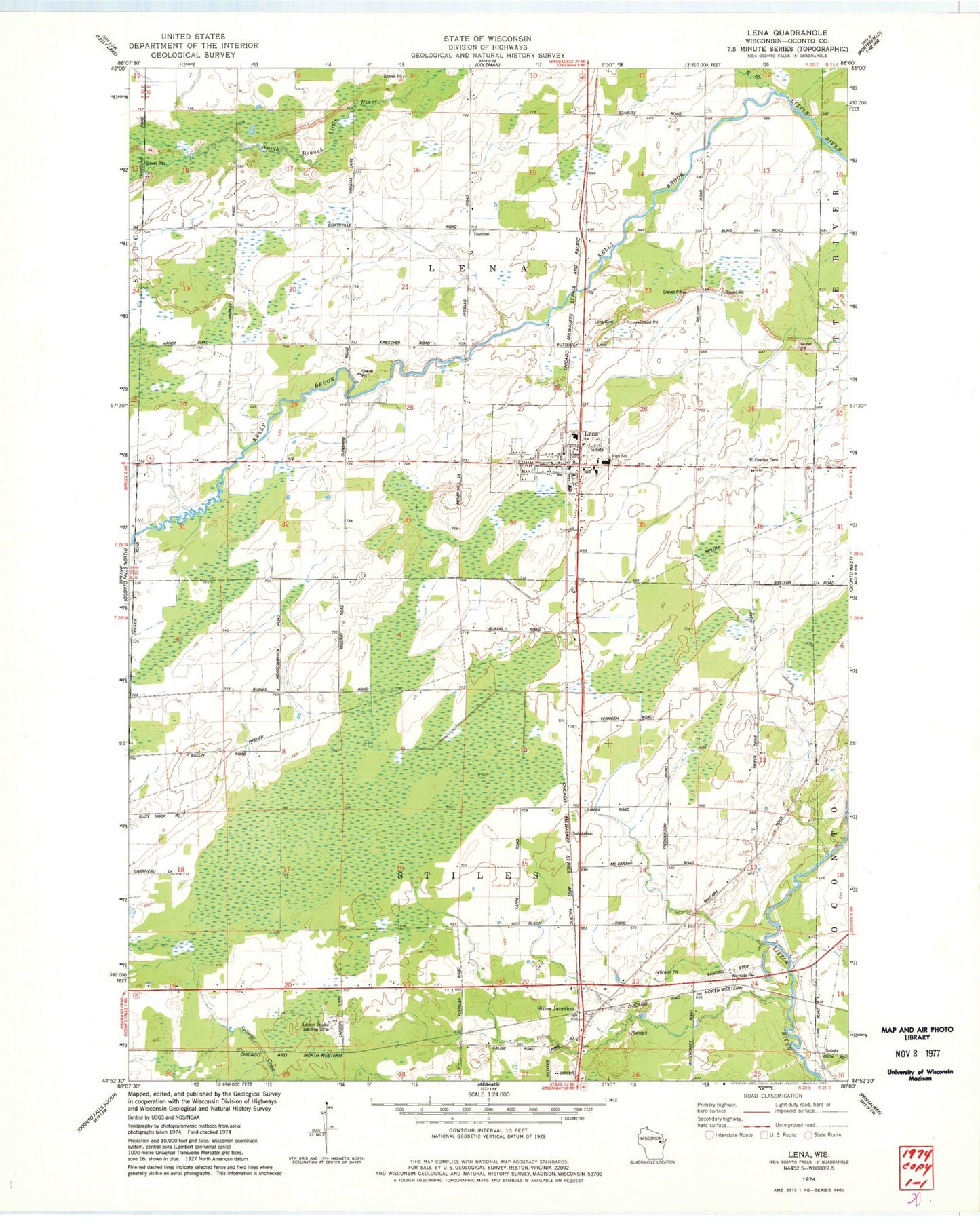 Classic USGS Lena Wisconsin 7.5'x7.5' Topo Map Image