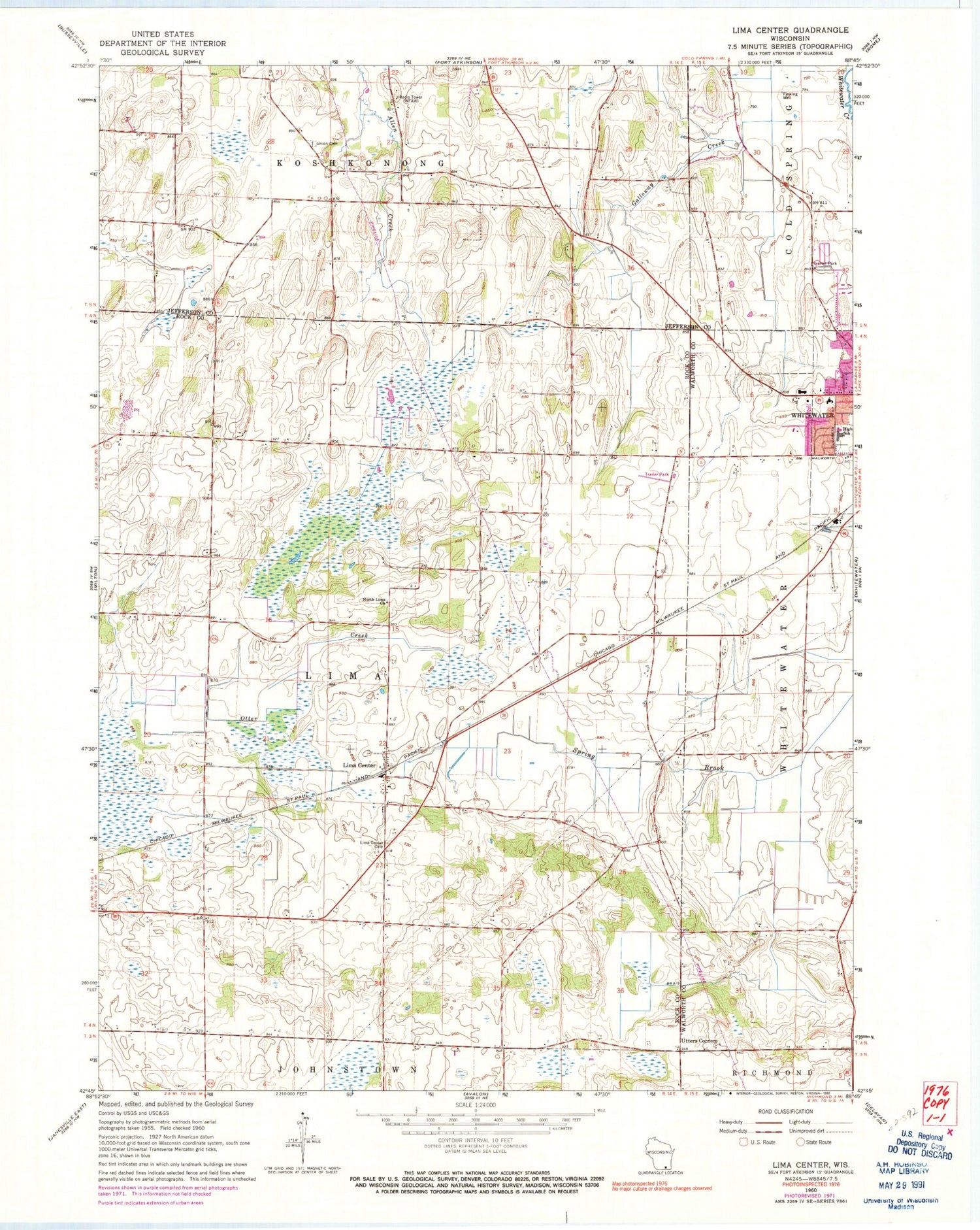 Classic USGS Lima Center Wisconsin 7.5'x7.5' Topo Map Image
