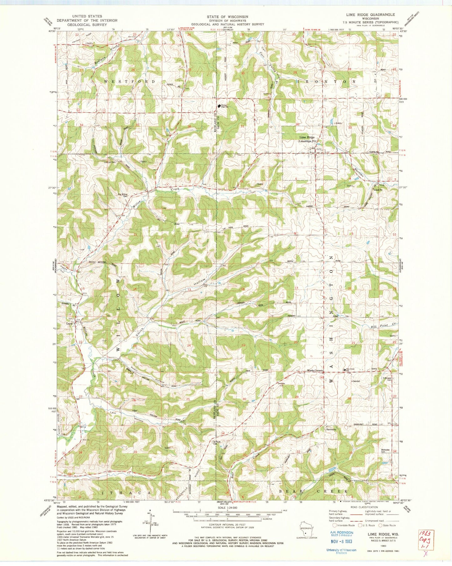 Classic USGS Lime Ridge Wisconsin 7.5'x7.5' Topo Map Image