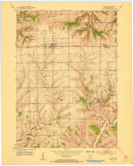 Classic USGS Linden Wisconsin 7.5'x7.5' Topo Map Image
