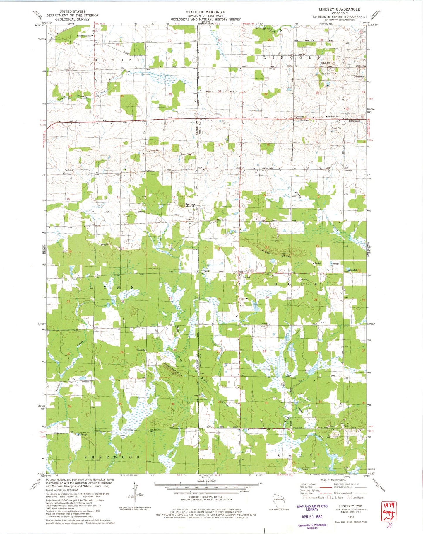 Classic USGS Lindsey Wisconsin 7.5'x7.5' Topo Map Image