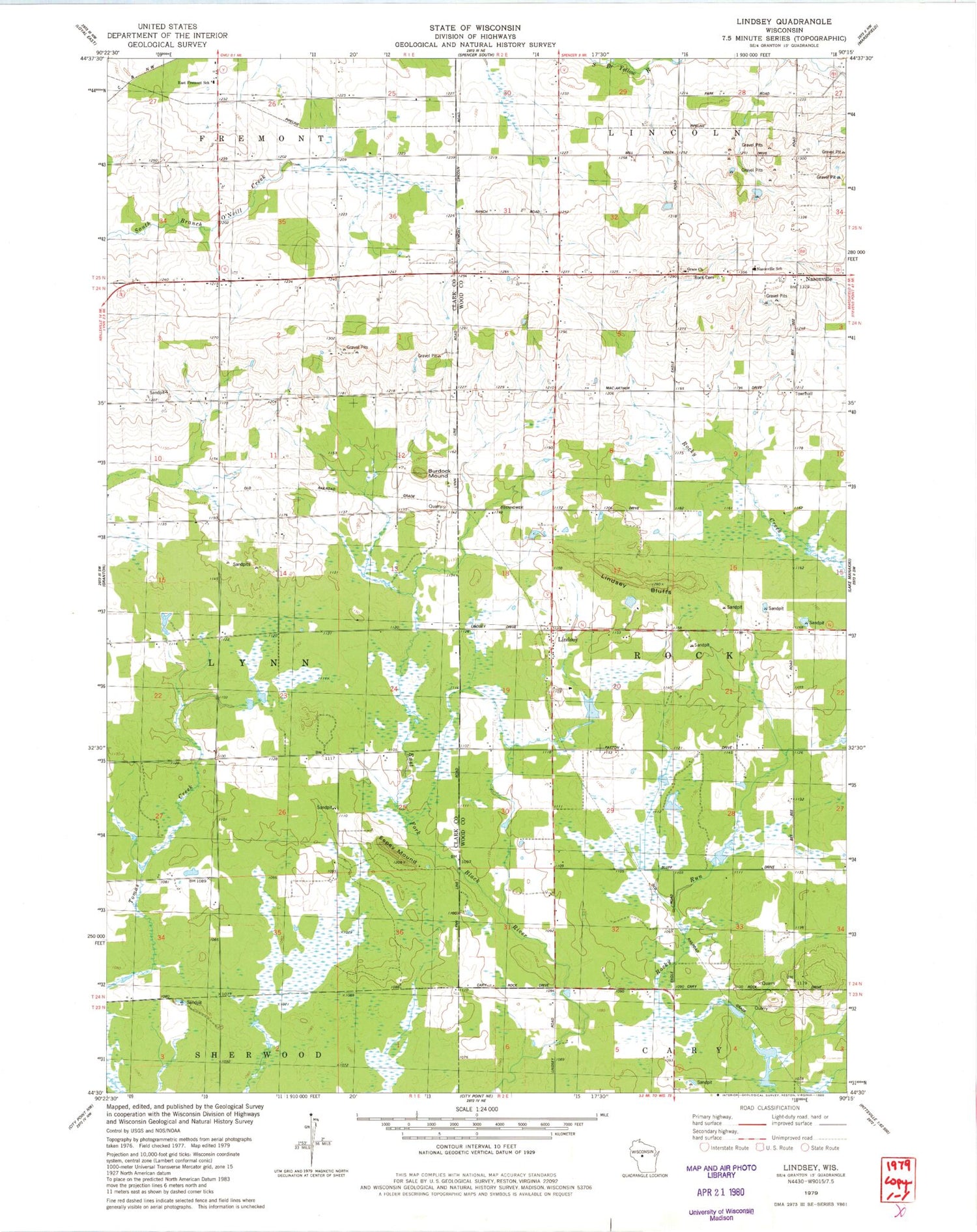 Classic USGS Lindsey Wisconsin 7.5'x7.5' Topo Map Image