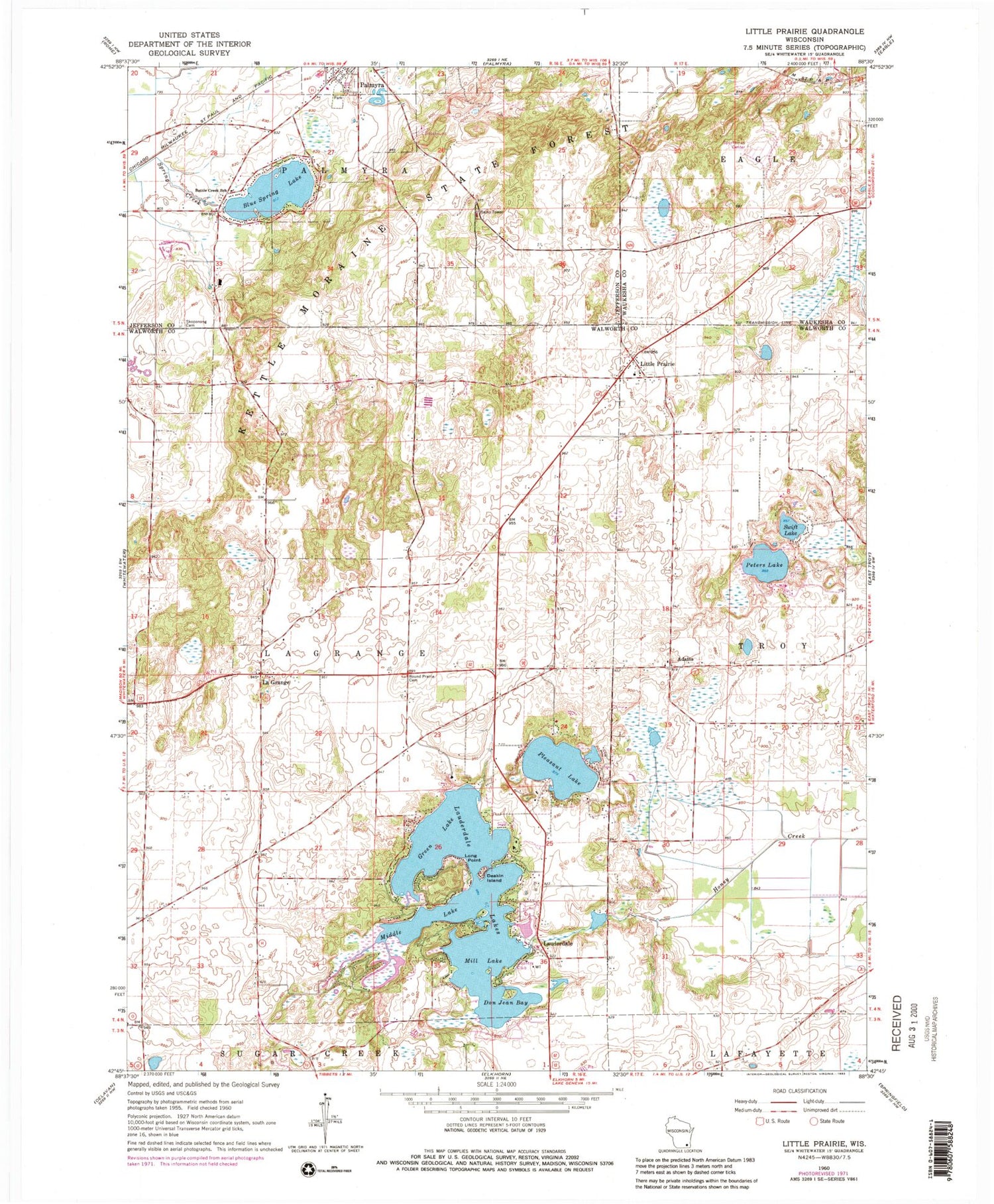 Classic USGS Little Prairie Wisconsin 7.5'x7.5' Topo Map Image