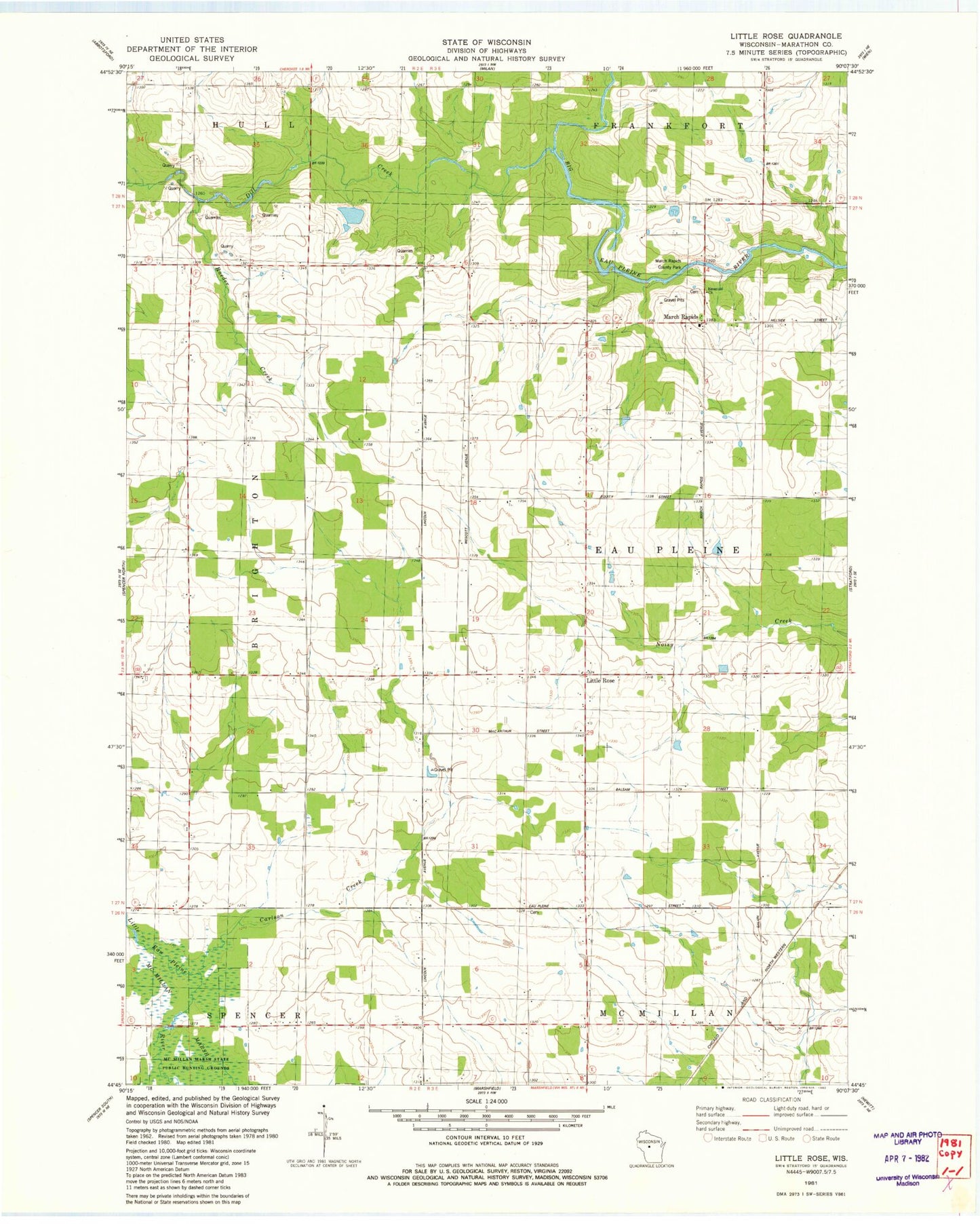 Classic USGS Little Rose Wisconsin 7.5'x7.5' Topo Map Image