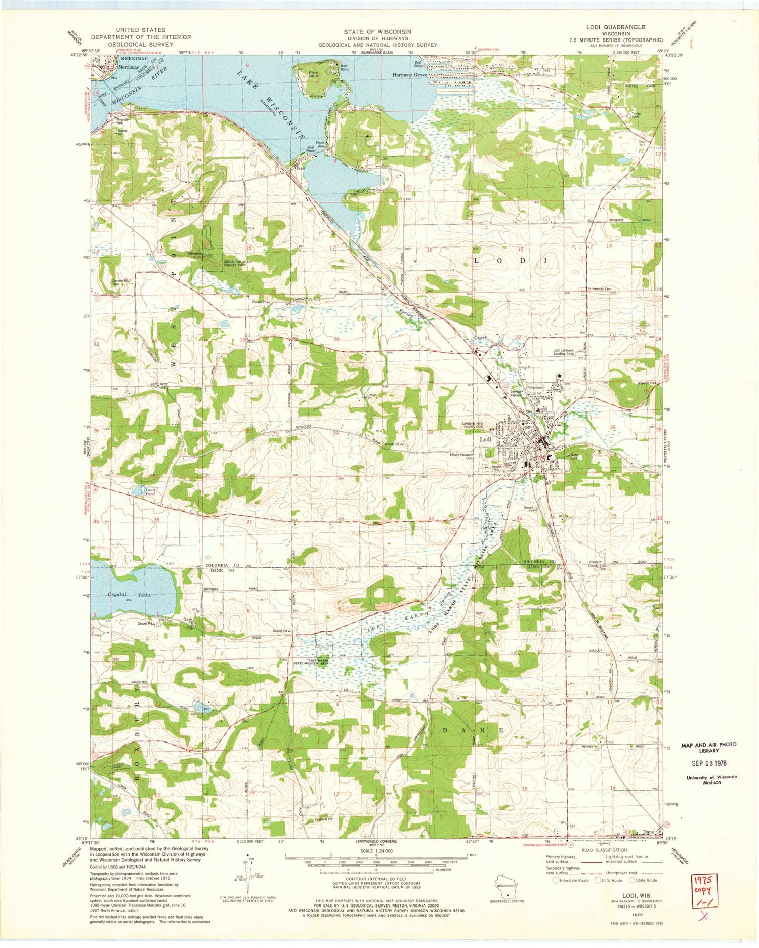 Classic USGS Lodi Wisconsin 7.5'x7.5' Topo Map Image