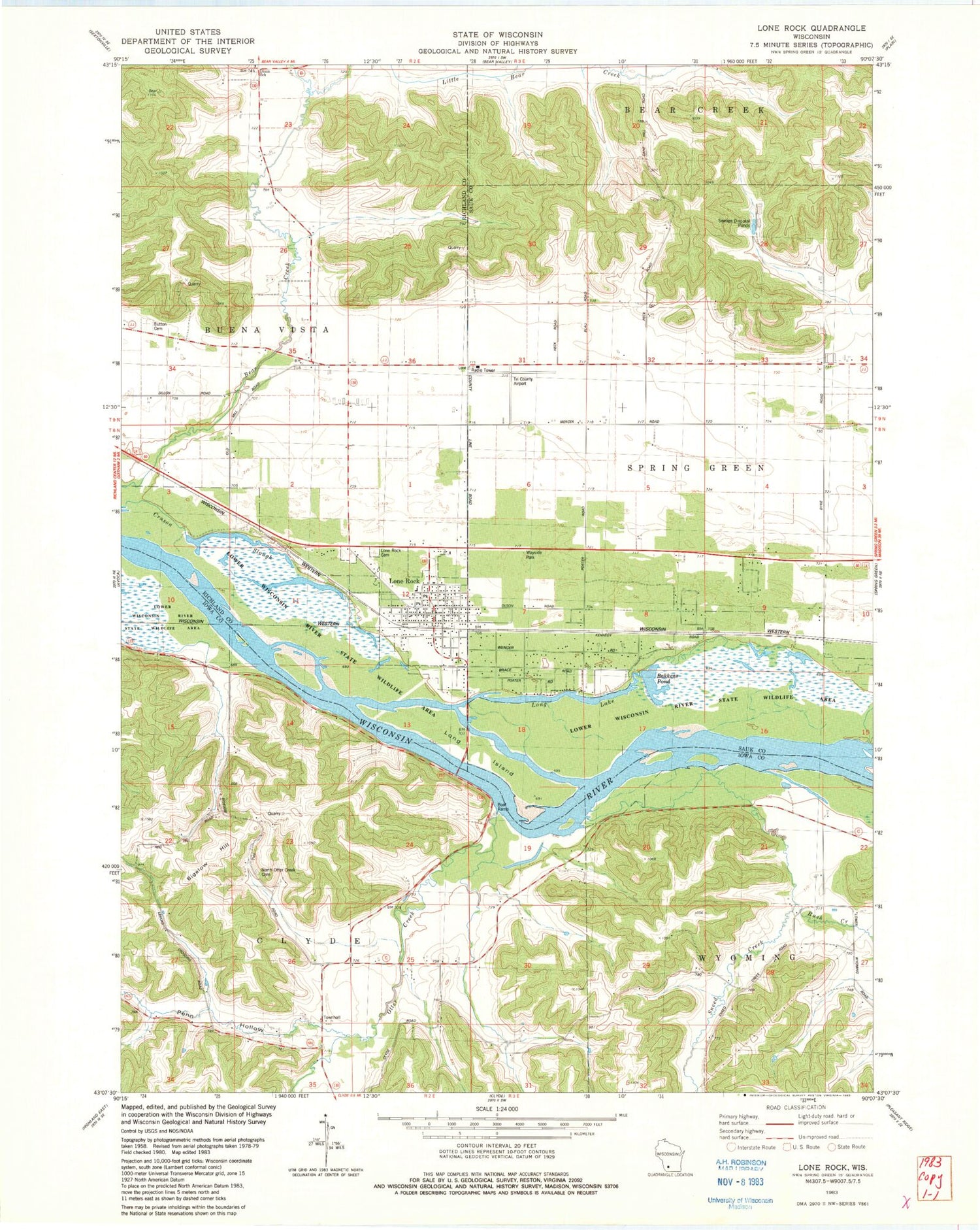 Classic USGS Lone Rock Wisconsin 7.5'x7.5' Topo Map Image