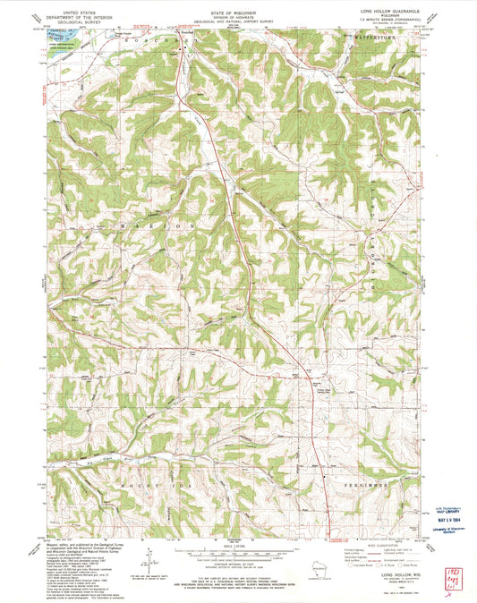 Classic USGS Long Hollow Wisconsin 7.5'x7.5' Topo Map Image