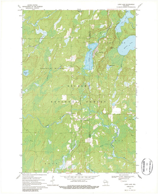 Classic USGS Long Lake Wisconsin 7.5'x7.5' Topo Map Image