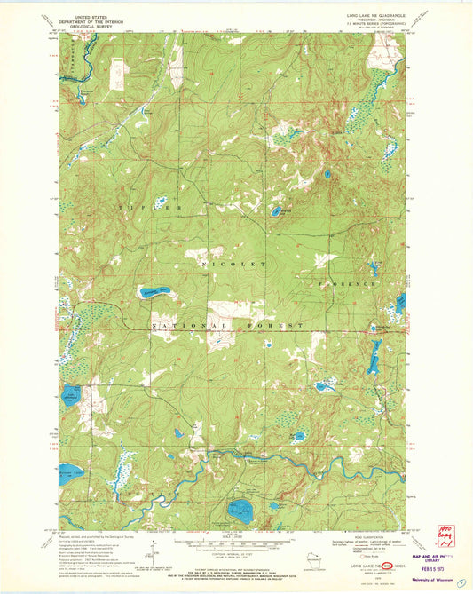 Classic USGS Long Lake NE Wisconsin 7.5'x7.5' Topo Map Image