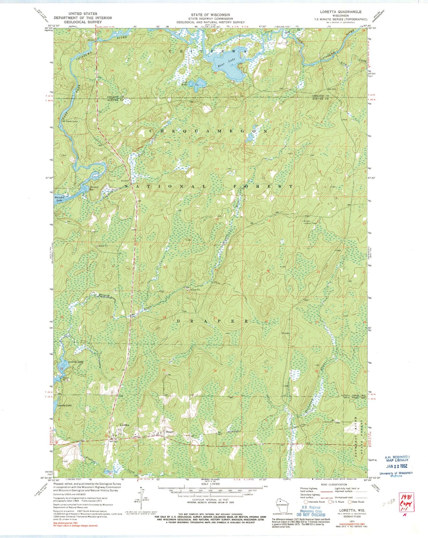 Classic USGS Loretta Wisconsin 7.5'x7.5' Topo Map Image