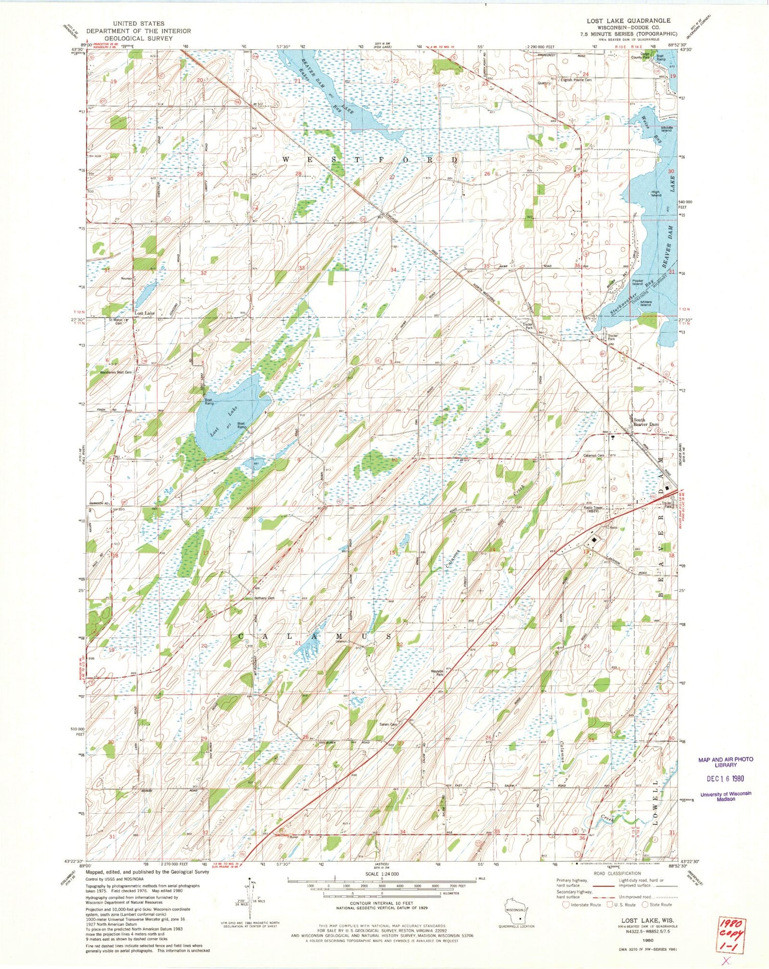 Classic USGS Lost Lake Wisconsin 7.5'x7.5' Topo Map Image
