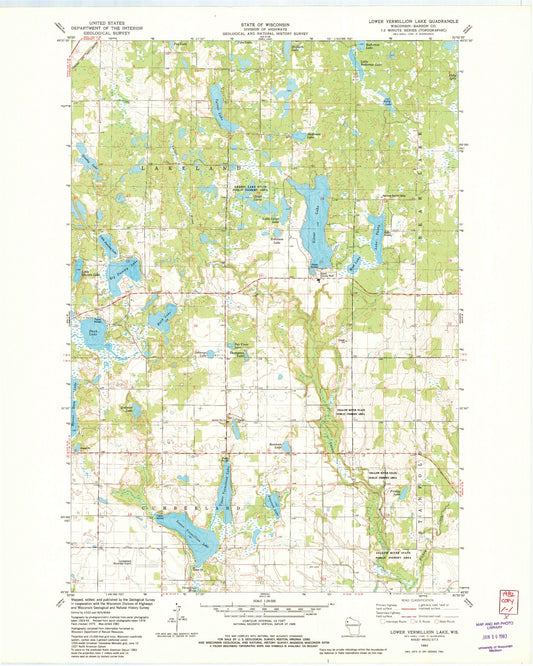 Classic USGS Lower Vermillion Lake Wisconsin 7.5'x7.5' Topo Map Image
