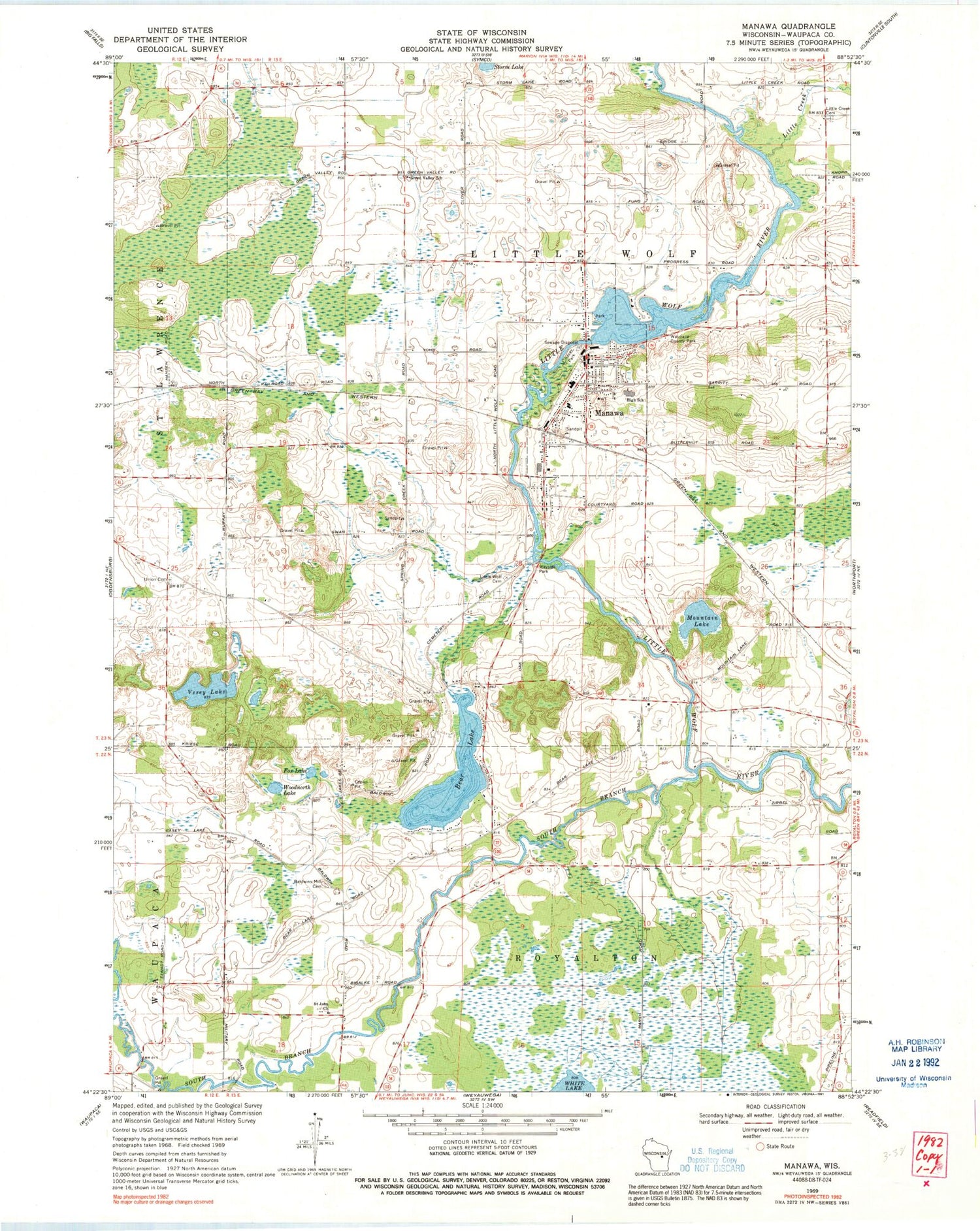 Classic USGS Manawa Wisconsin 7.5'x7.5' Topo Map Image