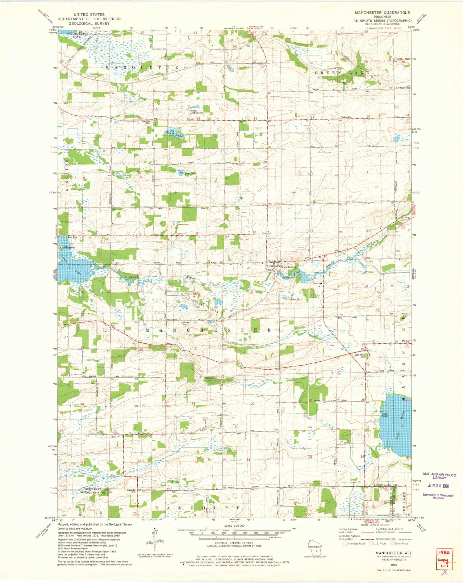Classic USGS Manchester Wisconsin 7.5'x7.5' Topo Map Image