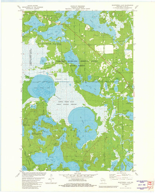 Classic USGS Manitowish Lake Wisconsin 7.5'x7.5' Topo Map Image