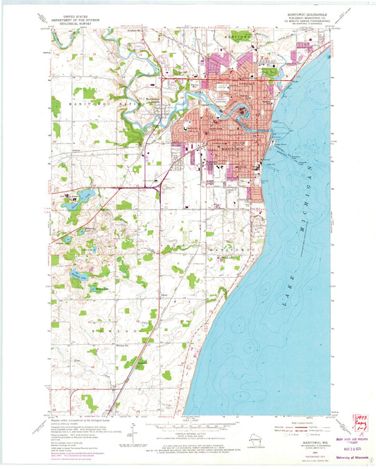 Classic USGS Manitowoc Wisconsin 7.5'x7.5' Topo Map Image