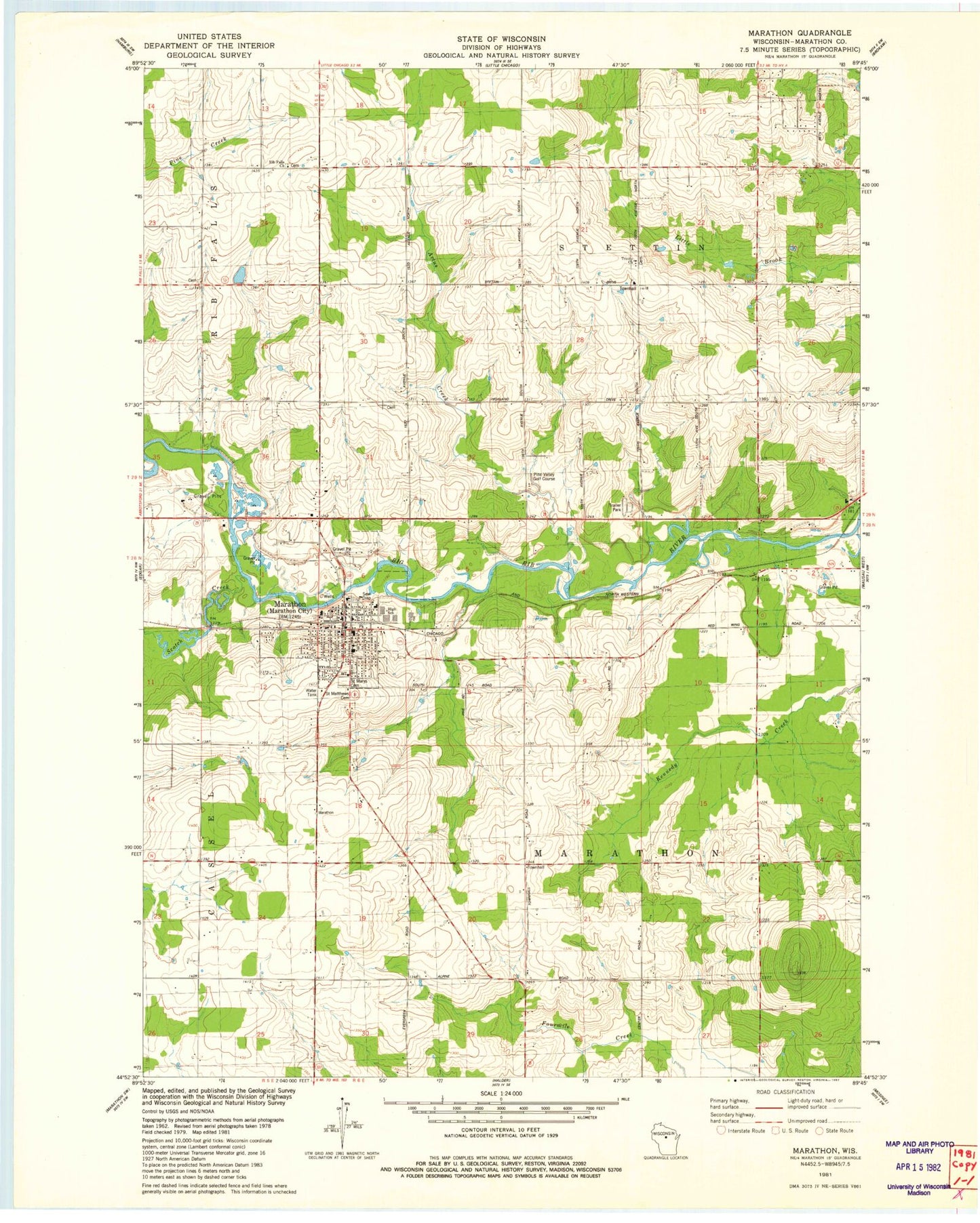 Classic USGS Marathon Wisconsin 7.5'x7.5' Topo Map Image