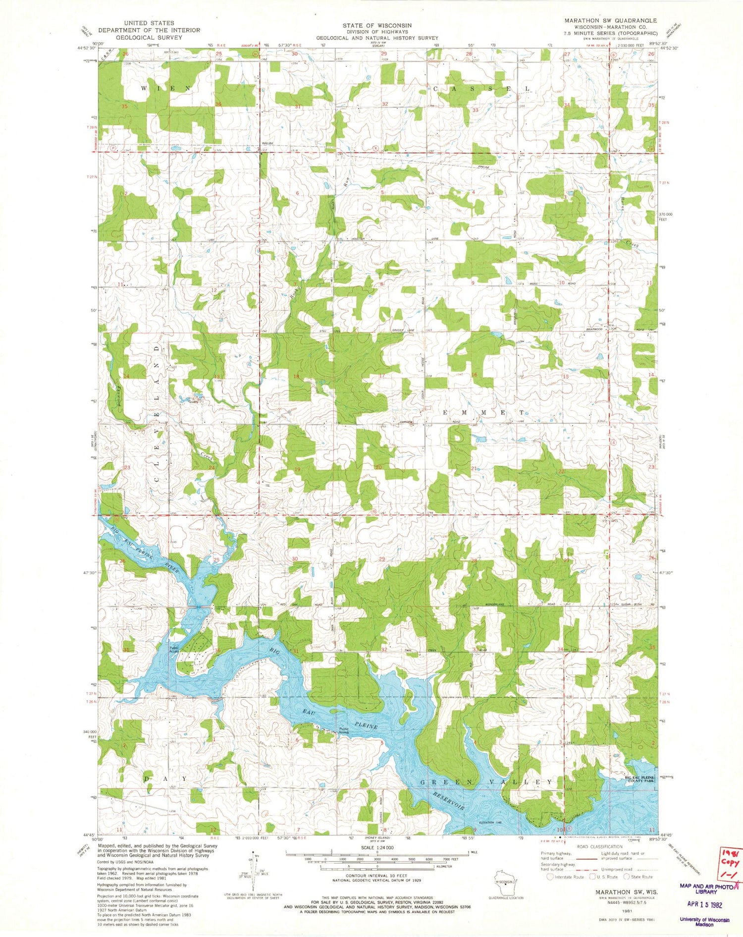 Classic USGS Marathon SW Wisconsin 7.5'x7.5' Topo Map Image