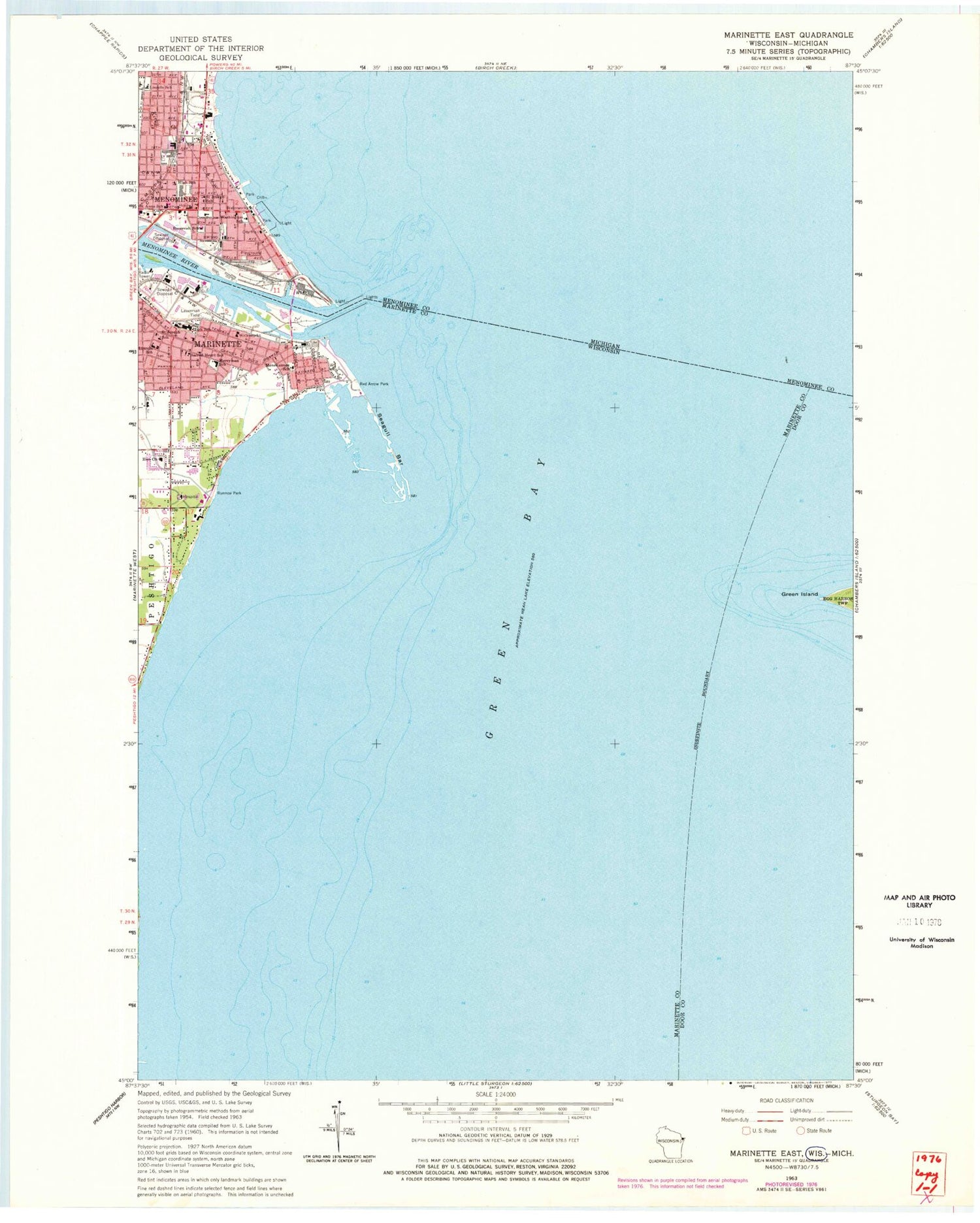 Classic USGS Marinette East Wisconsin 7.5'x7.5' Topo Map Image