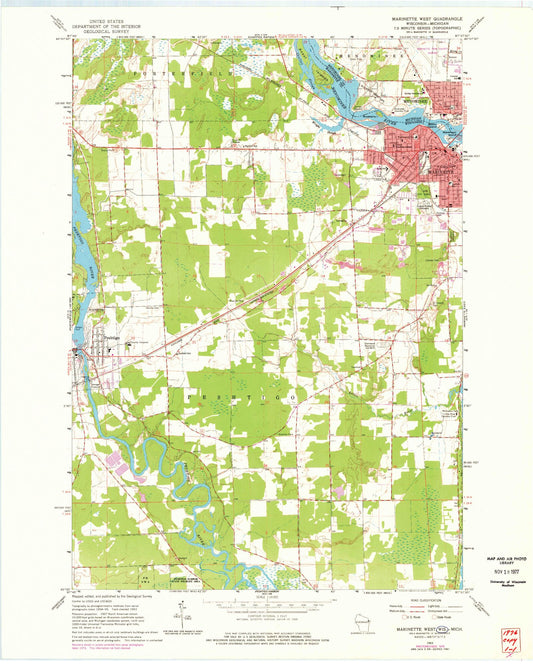 Classic USGS Marinette West Wisconsin 7.5'x7.5' Topo Map Image