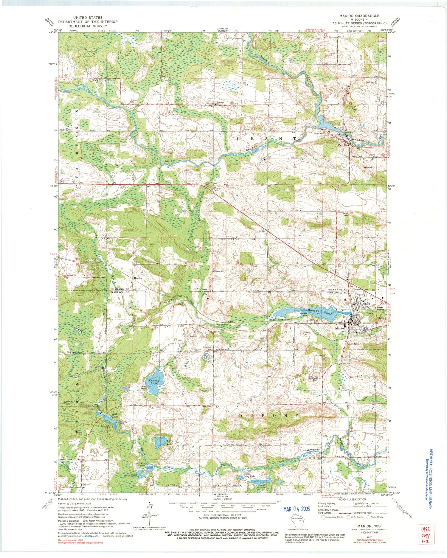 Classic USGS Marion Wisconsin 7.5'x7.5' Topo Map Image