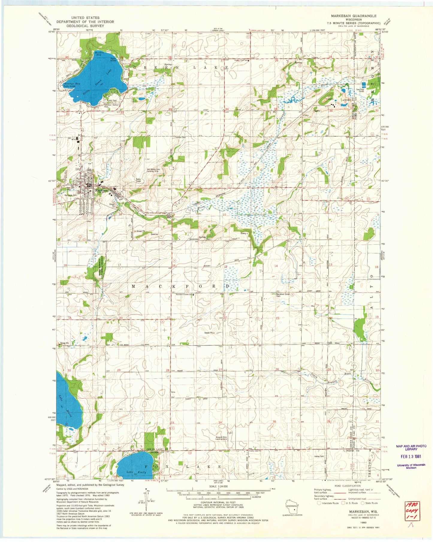 Classic USGS Markesan Wisconsin 7.5'x7.5' Topo Map Image
