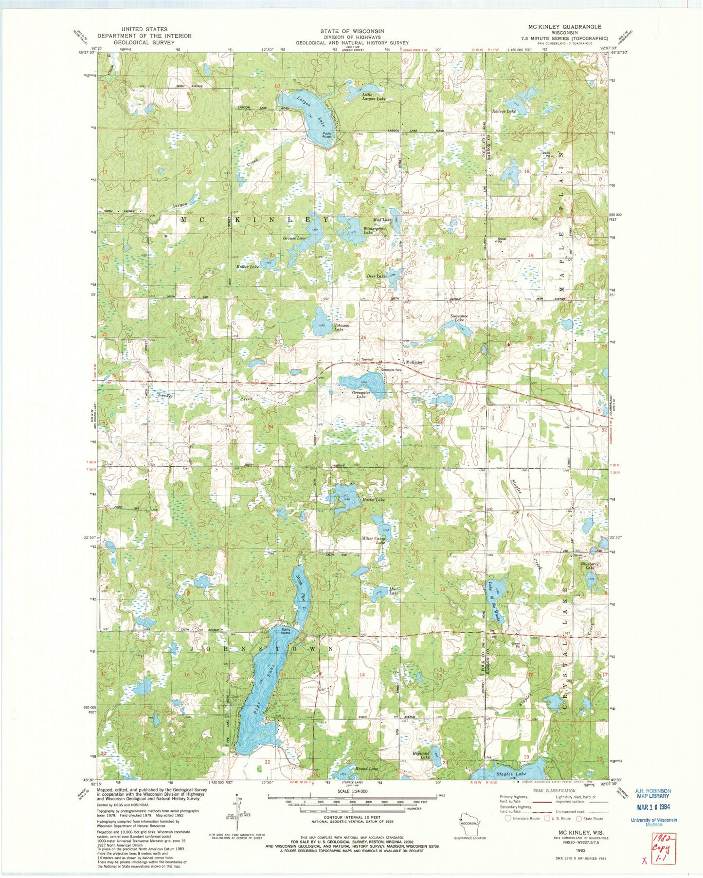 Classic USGS McKinley Wisconsin 7.5'x7.5' Topo Map Image