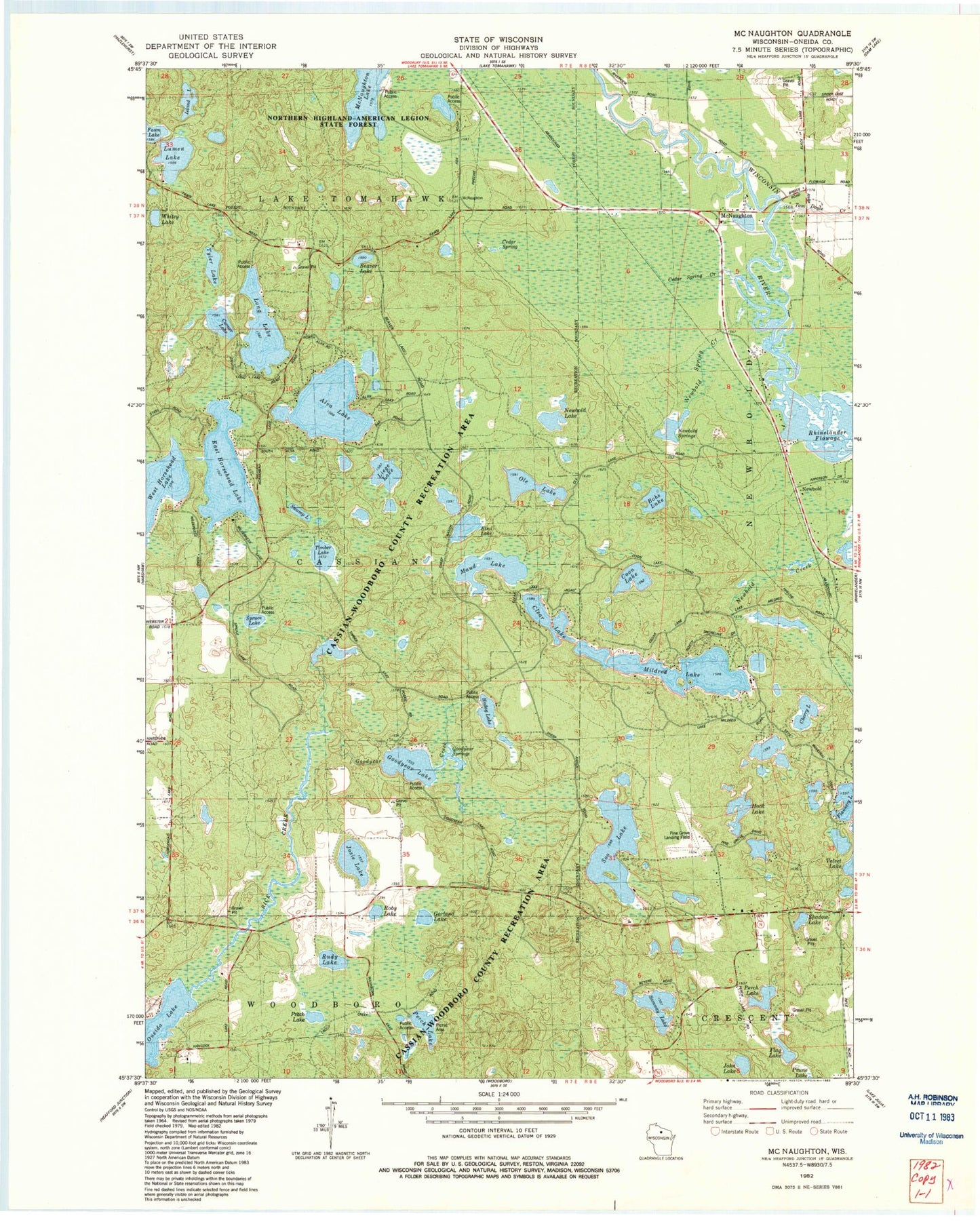 Classic USGS McNaughton Wisconsin 7.5'x7.5' Topo Map Image