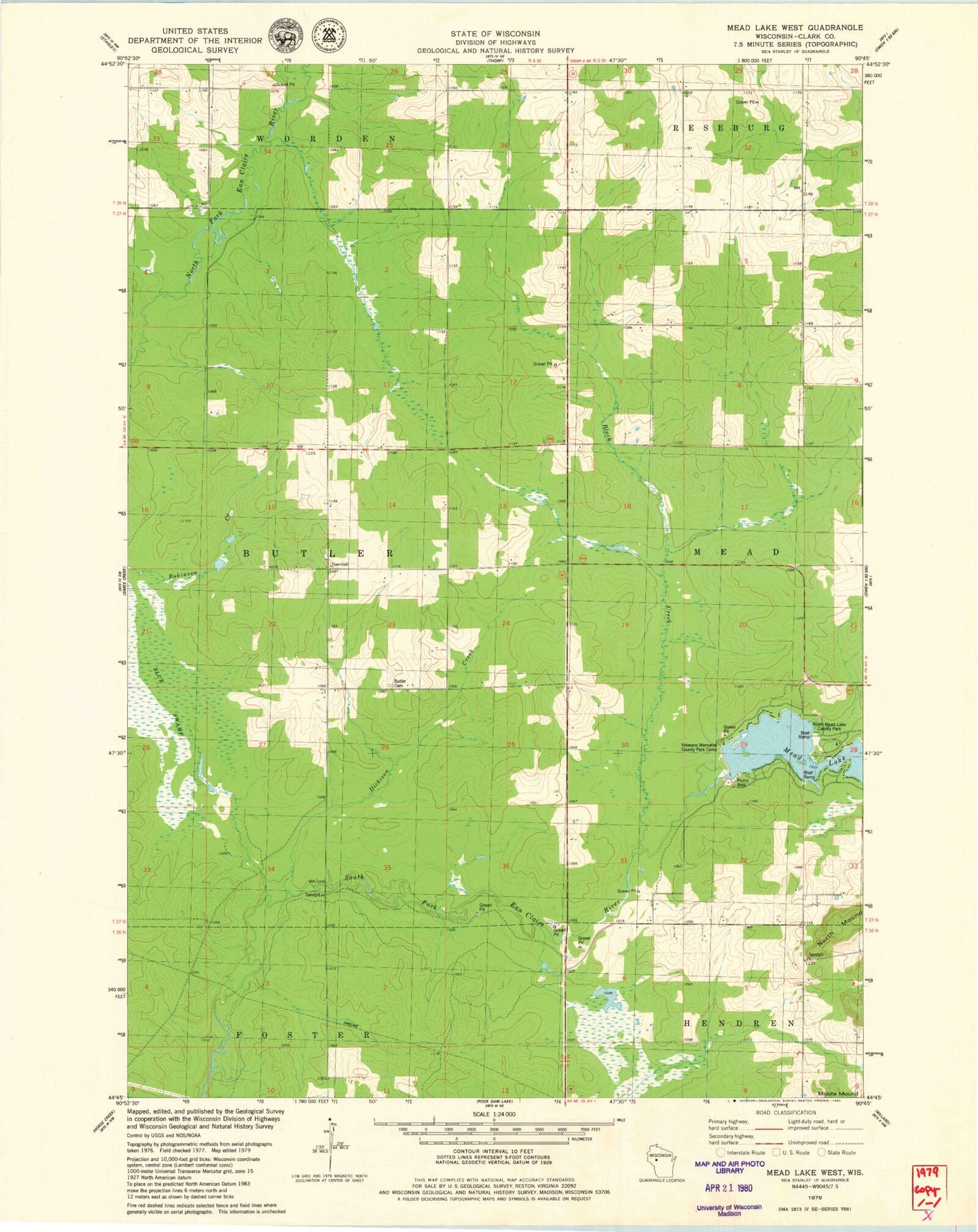 Classic USGS Mead Lake West Wisconsin 7.5'x7.5' Topo Map Image