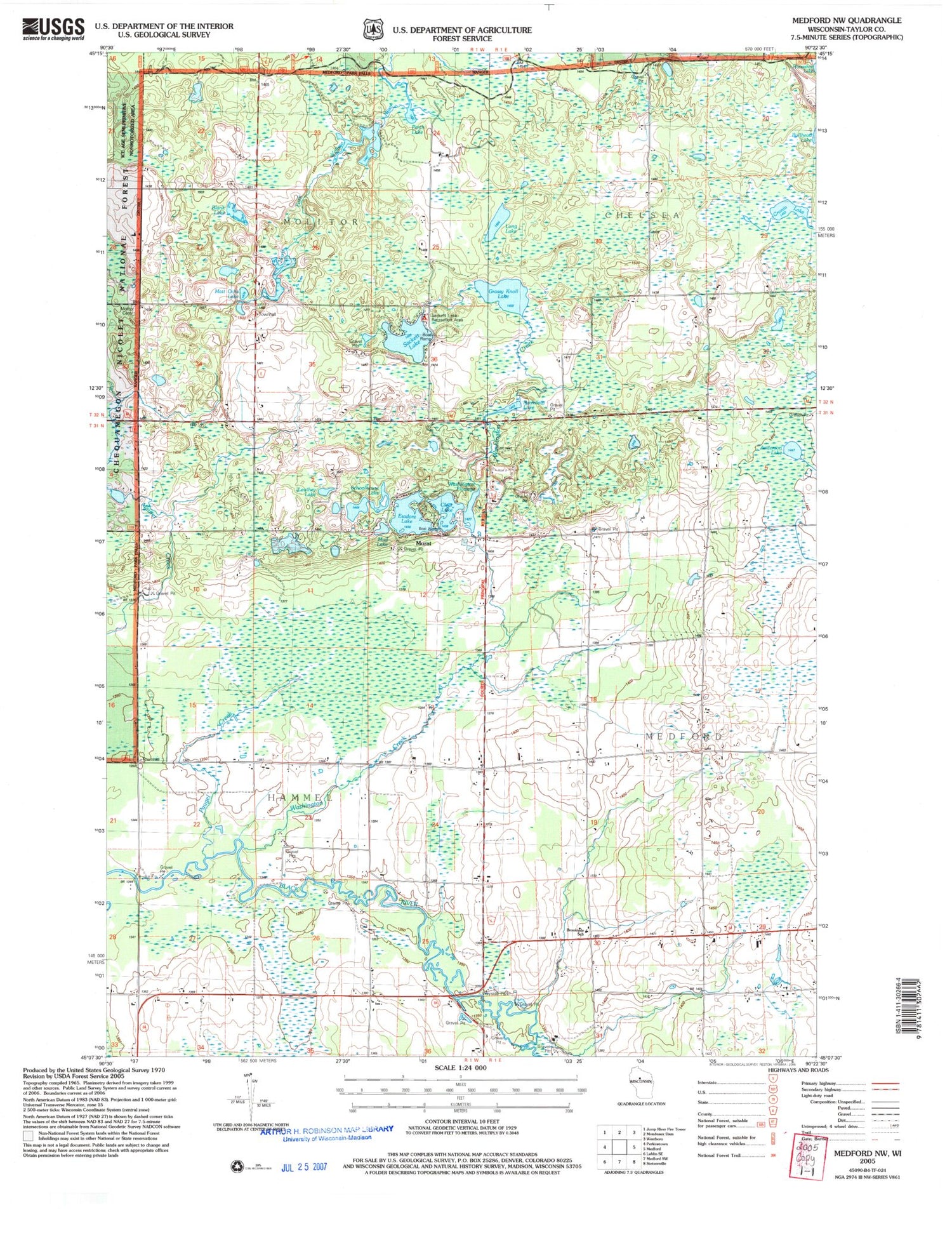 Classic USGS Medford NW Wisconsin 7.5'x7.5' Topo Map Image