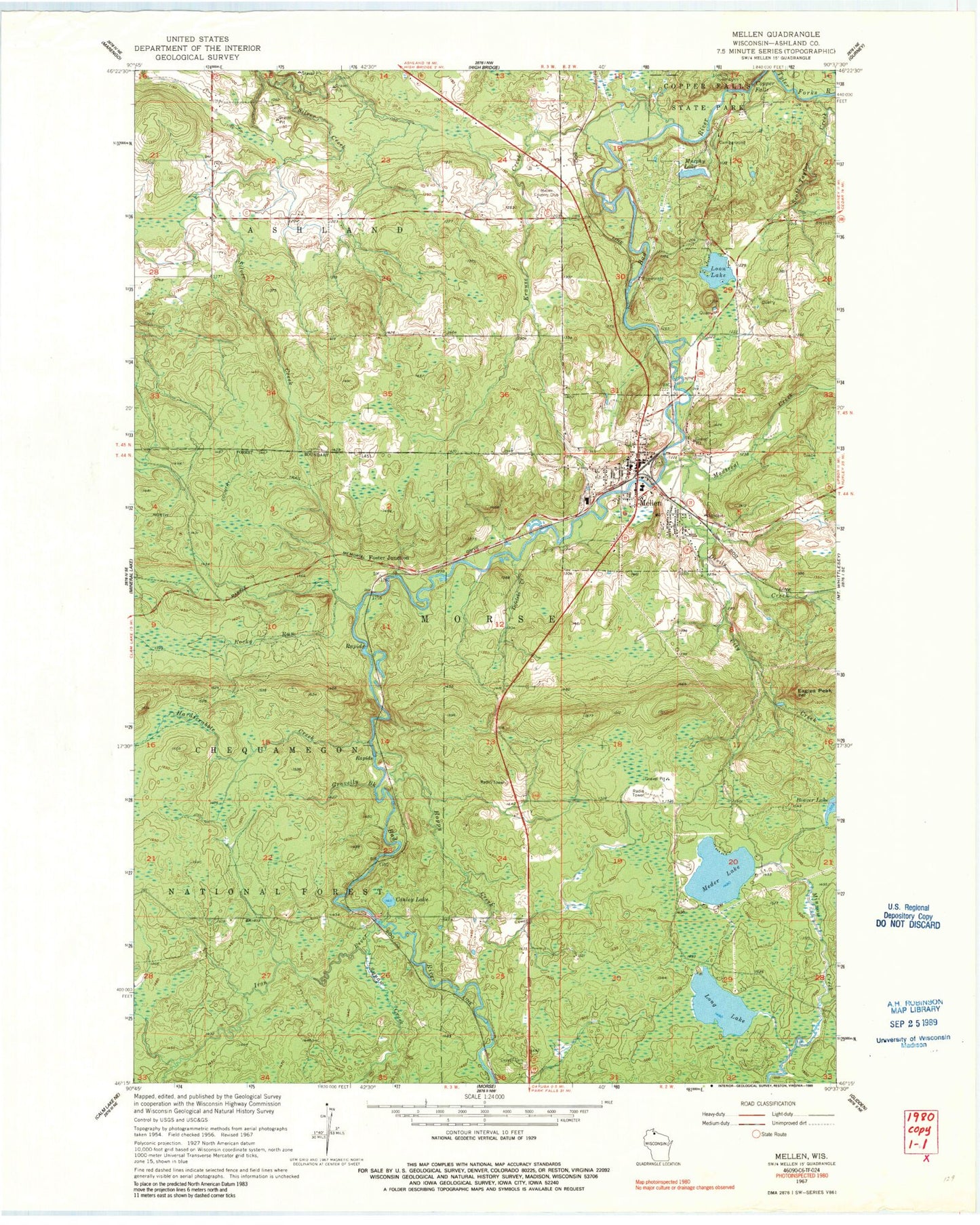 Classic USGS Mellen Wisconsin 7.5'x7.5' Topo Map Image