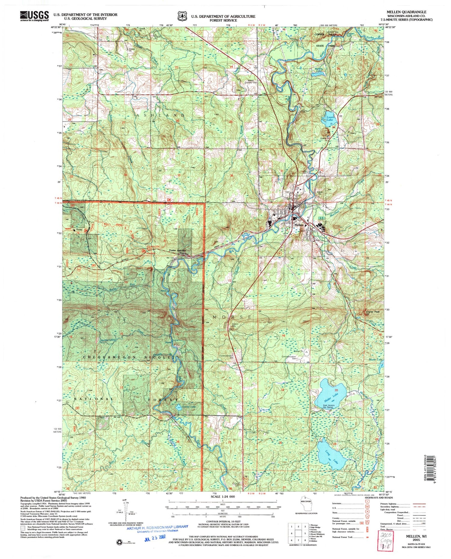 Classic USGS Mellen Wisconsin 7.5'x7.5' Topo Map Image