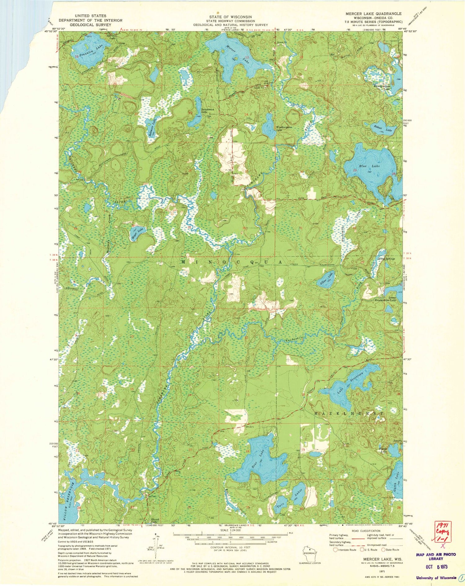 Classic USGS Mercer Lake Wisconsin 7.5'x7.5' Topo Map Image