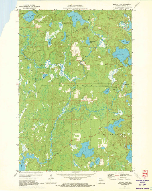 Classic USGS Mercer Lake Wisconsin 7.5'x7.5' Topo Map Image