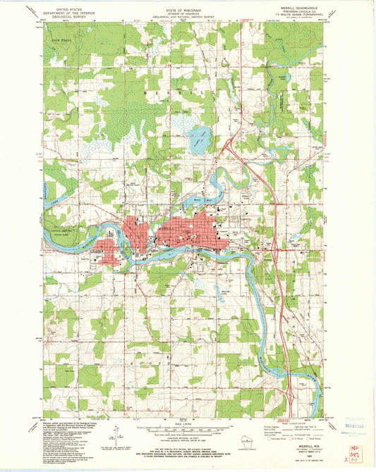 Classic USGS Merrill Wisconsin 7.5'x7.5' Topo Map Image