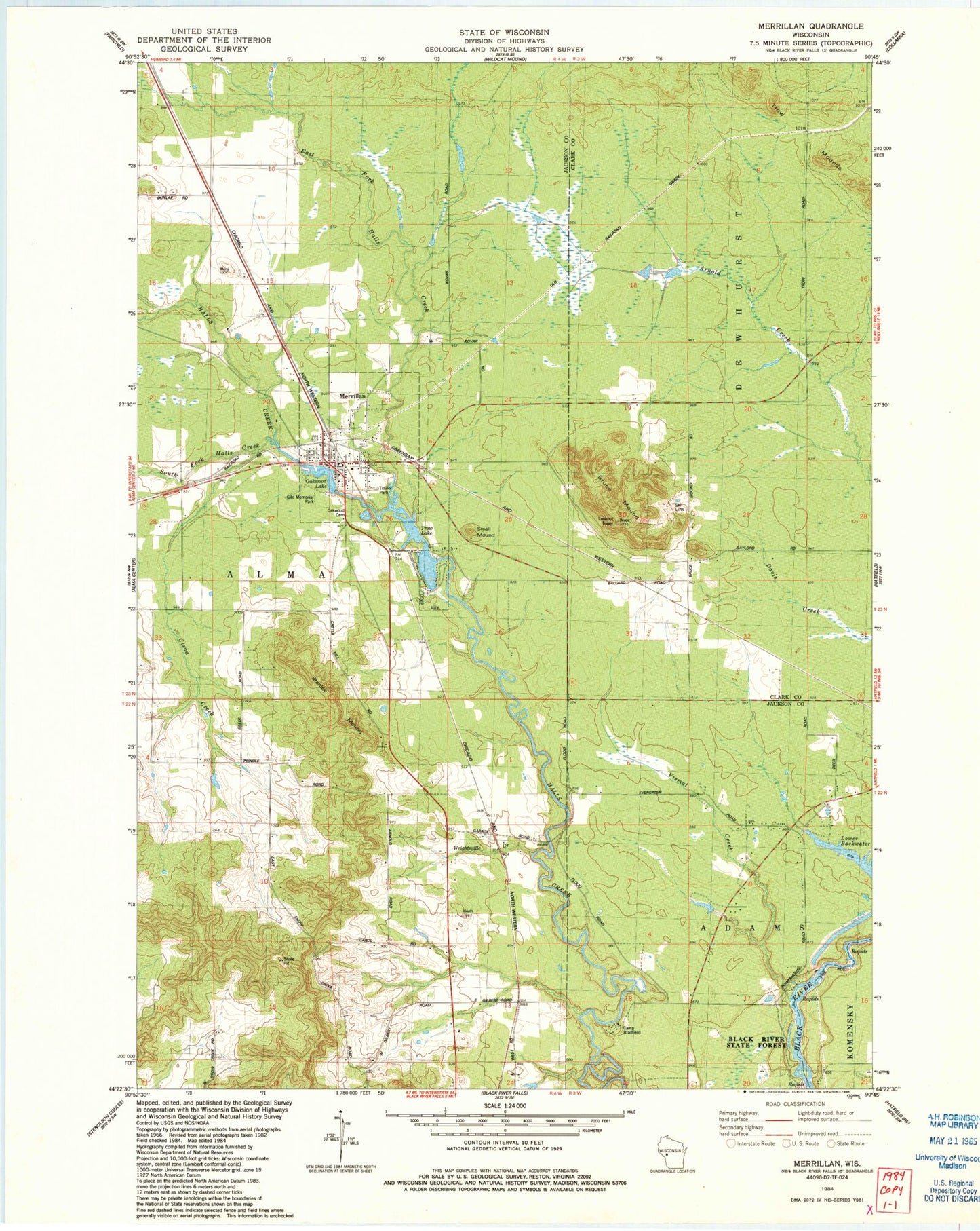 Classic USGS Merrillan Wisconsin 7.5'x7.5' Topo Map Image