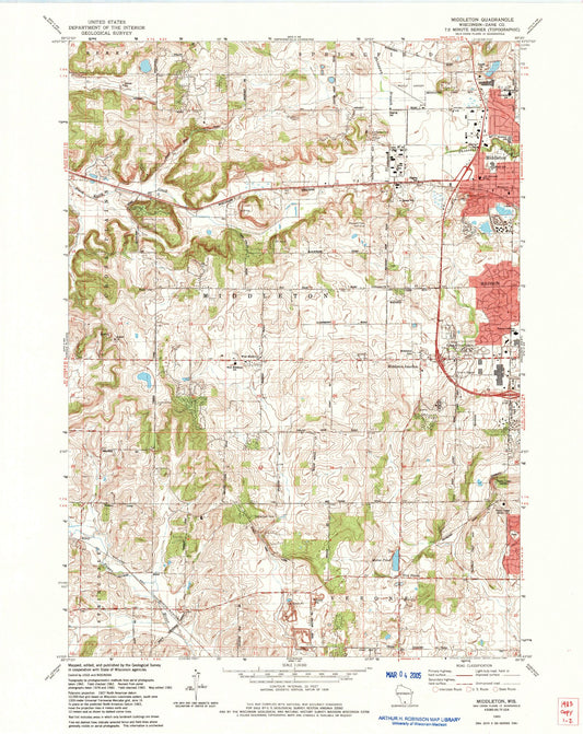 Classic USGS Middleton Wisconsin 7.5'x7.5' Topo Map Image