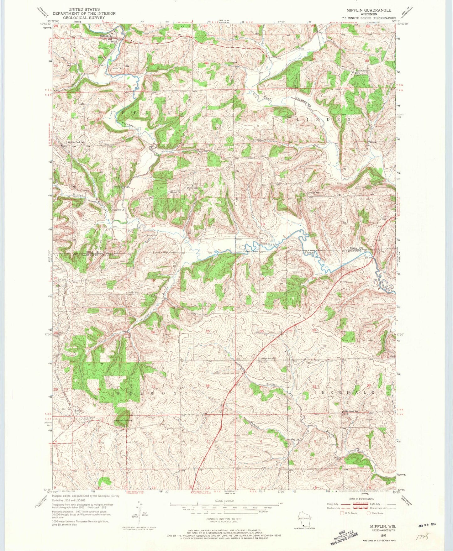 Classic USGS Mifflin Wisconsin 7.5'x7.5' Topo Map Image