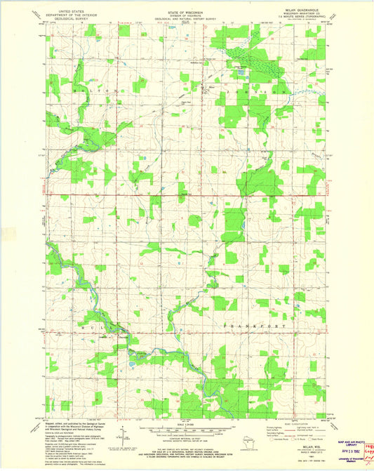Classic USGS Milan Wisconsin 7.5'x7.5' Topo Map Image