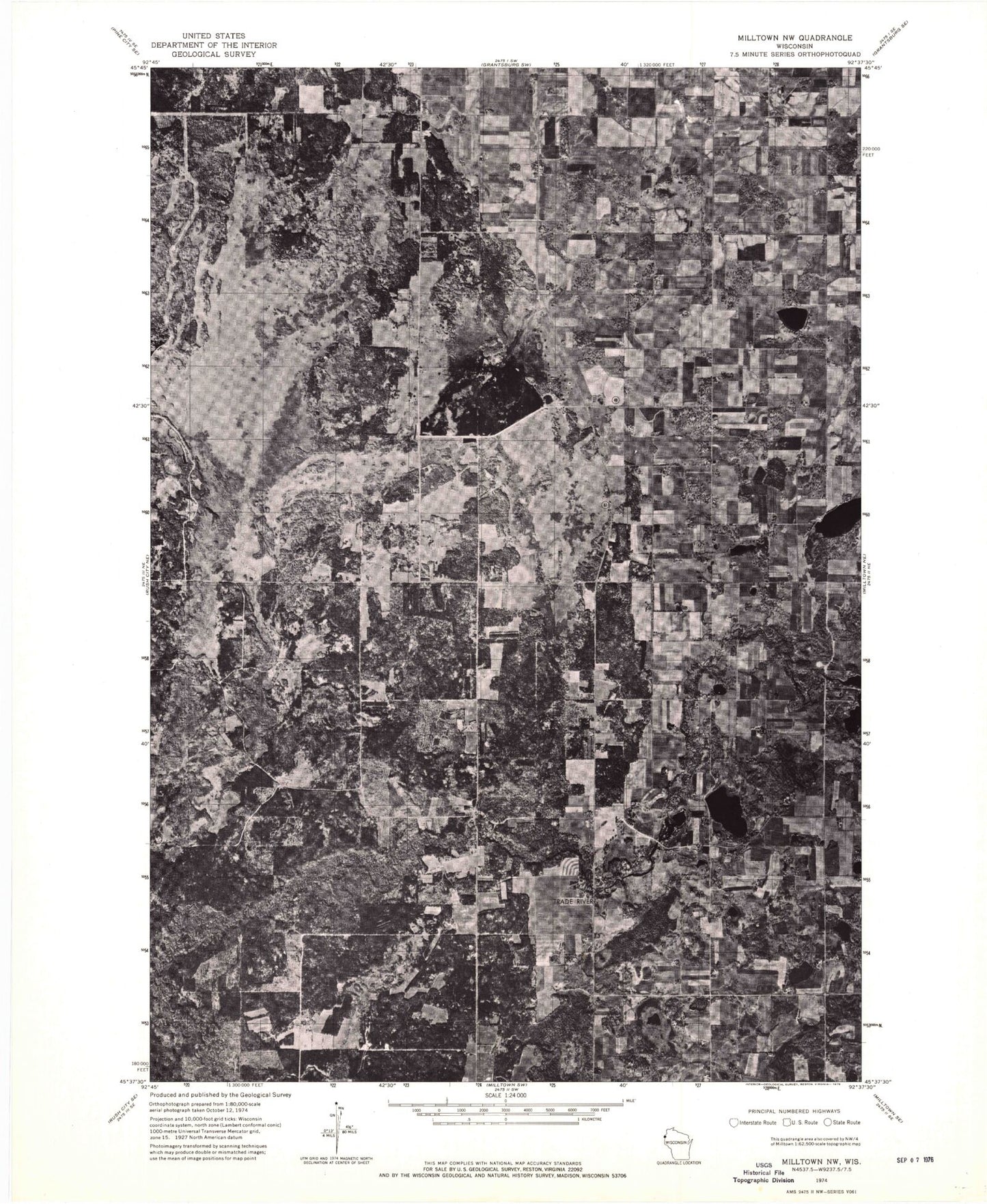 Classic USGS Trade River Wisconsin 7.5'x7.5' Topo Map Image