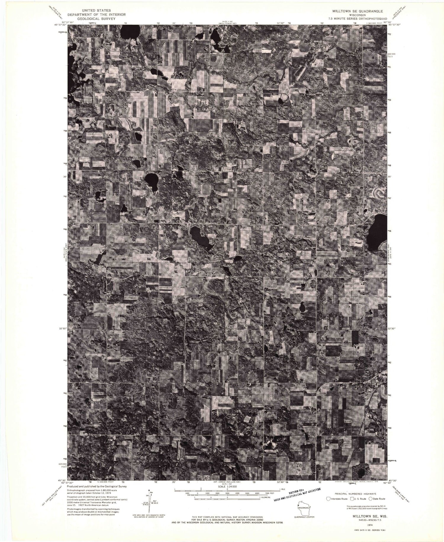 Classic USGS Milltown Wisconsin 7.5'x7.5' Topo Map Image