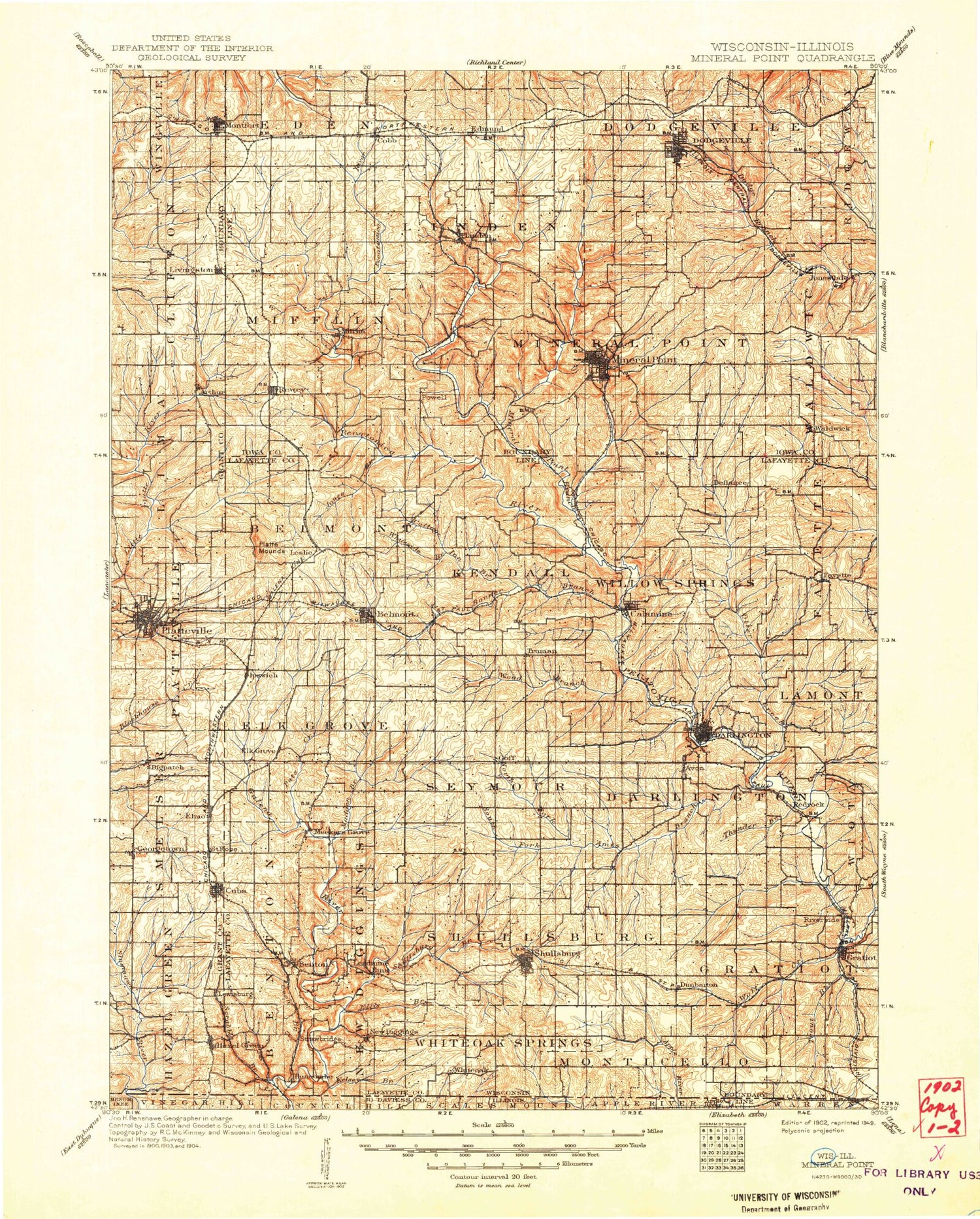 Historic 1902 Mineral Point Wisconsin 30'x30' Topo Map Image