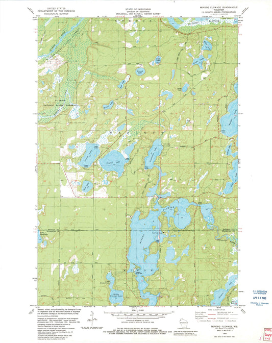 Classic USGS Minong Flowage Wisconsin 7.5'x7.5' Topo Map Image