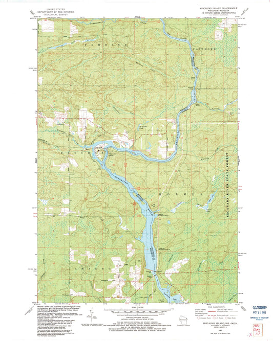 Classic USGS Miscauno Island Wisconsin 7.5'x7.5' Topo Map Image
