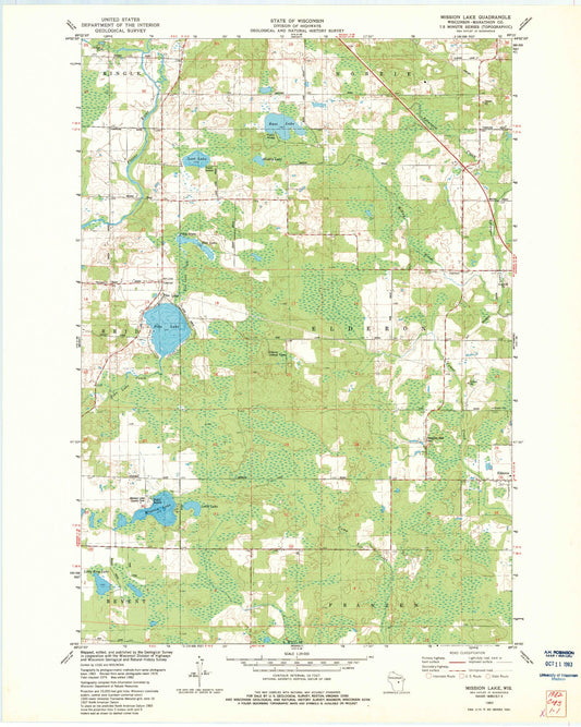 Classic USGS Mission Lake Wisconsin 7.5'x7.5' Topo Map Image