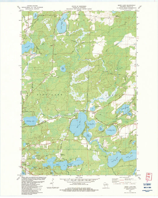 Classic USGS Moen Lake Wisconsin 7.5'x7.5' Topo Map Image