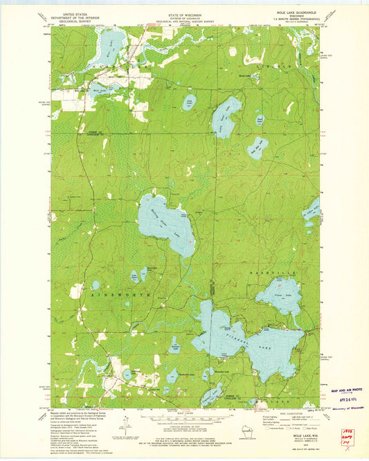 Classic USGS Mole Lake Wisconsin 7.5'x7.5' Topo Map Image